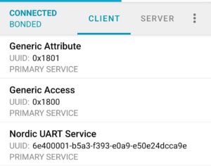 A screenshot made in the nRF connect app showing three services. The first being a "Generic Attribute" with UUID: 0x1801.
The next one being a "Generic Access" with the UUID 0x1800.
The last one is "Nordic UART Service" with UUID: 6e400001-b5a3-f393-e0a9-e50e24dcca9e